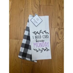 I Need Cake Because Monday Kitchen Tea Towel Set of 2 GIFT HOME Funny Saying